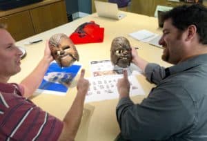 Here's another look at Todd [left] and Bill with the masks. The team usually receives early models of the toy to review the sculpt, and for Chewbacca the chin activation and sound effects, before production on the final toy is underway.